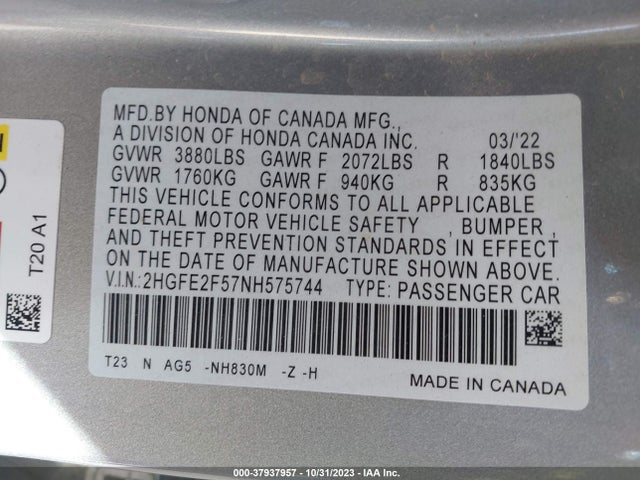 Honda k20c2 2022 2HGFE2F57NH575744 Image 26