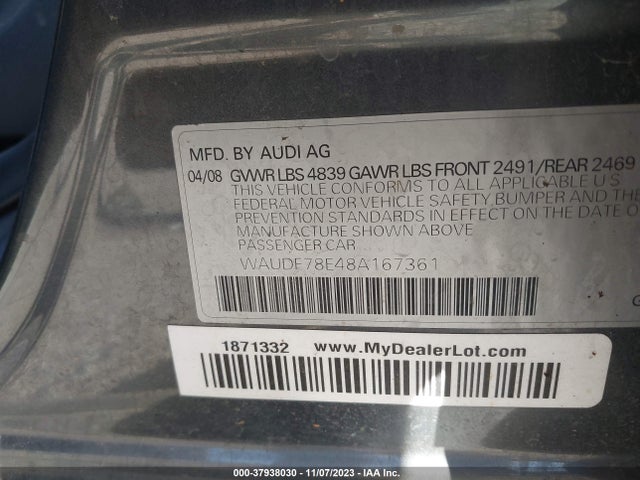 2008 AUDI A4 2.0T/SE 2.0T VIN: WAUDF78E48A167361