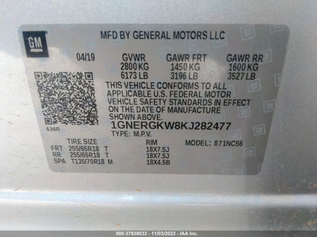 1GNERGKW8KJ282477 Chevrolet Traverse 1lt