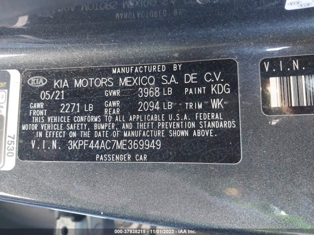 2021 KIA FORTE GT VIN: 3KPF44AC7ME369949
