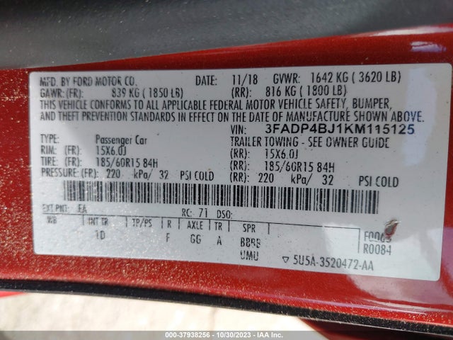 2019 FORD FIESTA SE VIN: 3FADP4BJ1KM115125