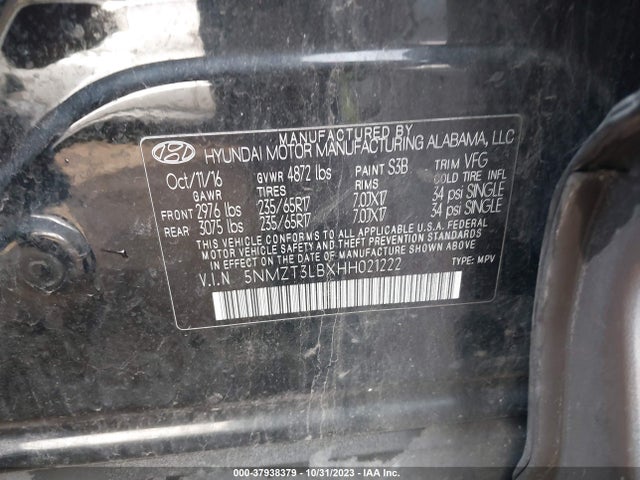 2017 HYUNDAI SANTA FE SPORT 2.4L VIN: 5NMZT3LBXHH021222