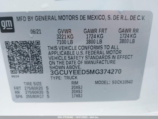 2021 CHEVROLET SILVERADO 1500 4WD SHORT BED RST VIN: 3GCUYEED5MG374270