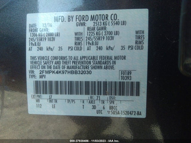 2017 FORD EDGE TITANIUM VIN: 2FMPK4K97HBB32030