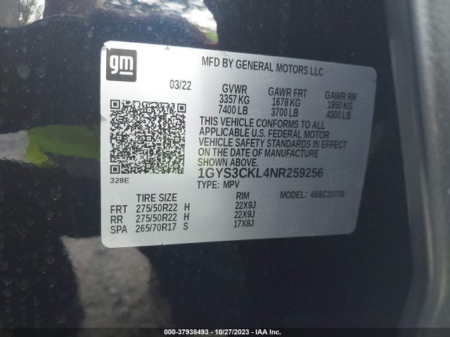2022 CADILLAC ESCALADE 2WD PREMIUM LUXURY VIN: 1GYS3CKL4NR259256