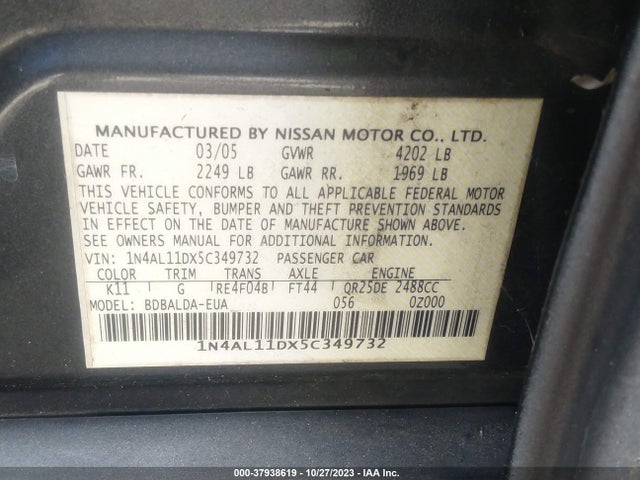 2005 NISSAN ALTIMA 2.5 SL VIN: 1N4AL11DX5C349732
