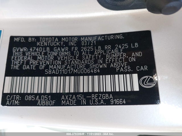2021 LEXUS ES 250 VIN: 58AD11D17MU006484
