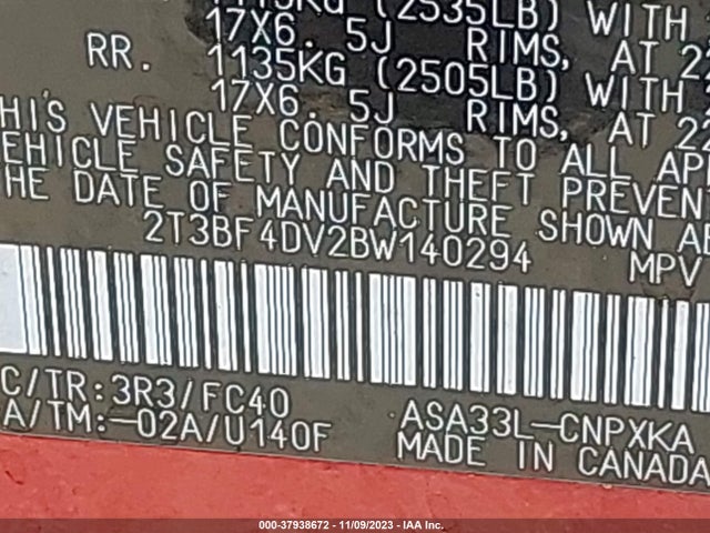 2011 TOYOTA RAV4 VIN: 2T3BF4DV2BW140294