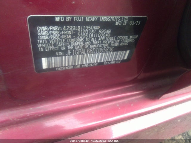 2013 SUBARU IMPREZA 2.0I SPORT PREMIUM VIN: JF1GPAL66D1865836