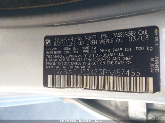 2003 BMW 3 SERIES 325XI VIN: WBAEU33473PM57455