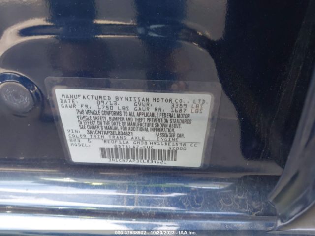 3N1CN7AP3EL834621 Nissan Versa S Plus