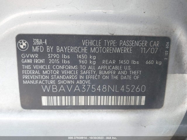 Продаж на аукціоні авто 2008 Bmw 3 Series 328i, vin: WBAVA37548NL45260, номер лоту: 37938914