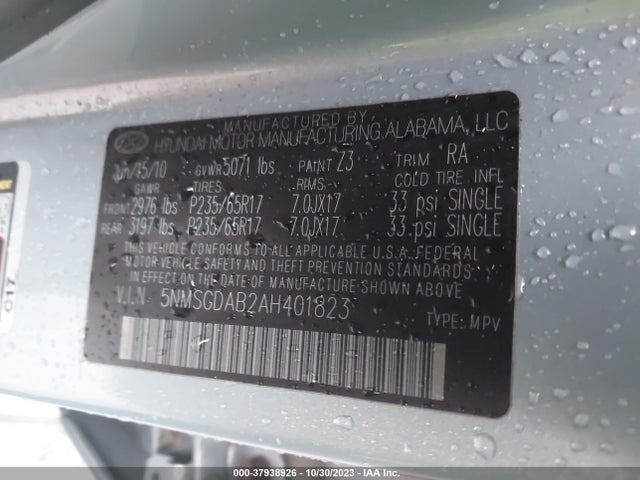2010 HYUNDAI SANTA FE GLS VIN: 5NMSGDAB2AH401823