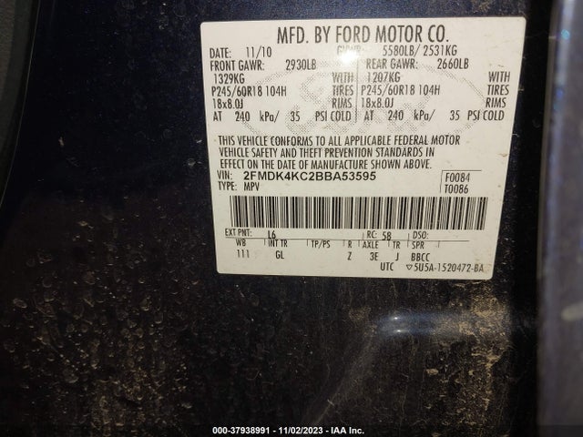 2011 FORD EDGE LIMITED VIN: 2FMDK4KC2BBA53595