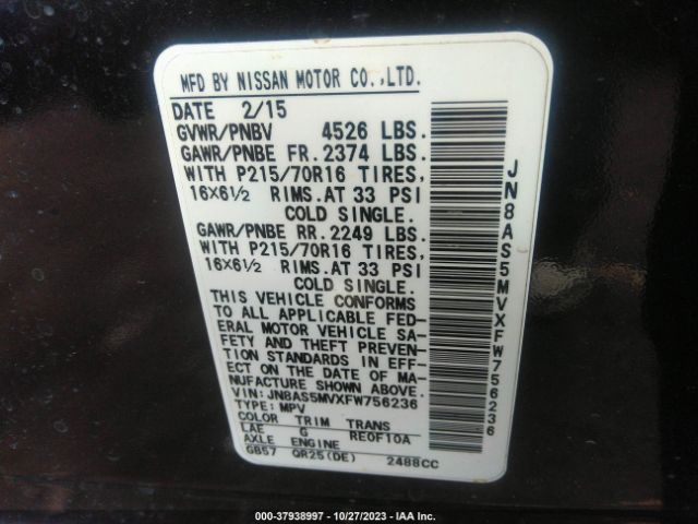 JN8AS5MVXFW756236 Nissan Rogue Select S