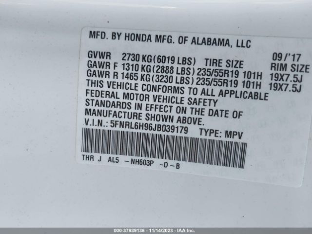 5FNRL6H96JB039179 Honda Odyssey Elite