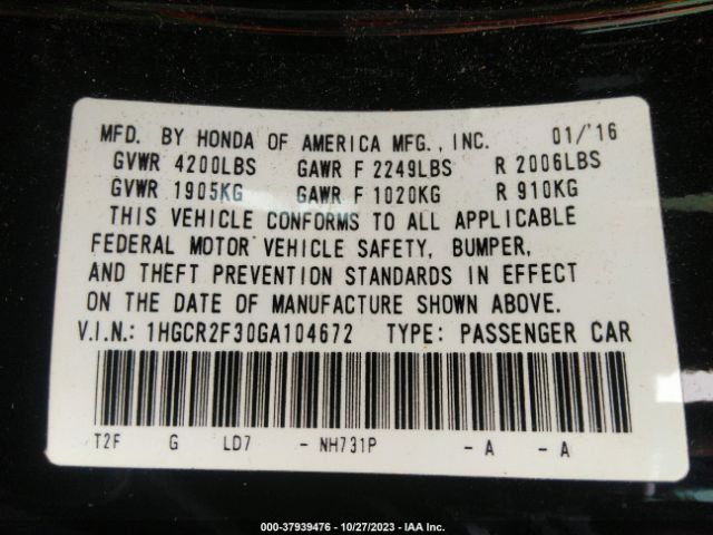1HGCR2F30GA104672 Honda ACCORD LX