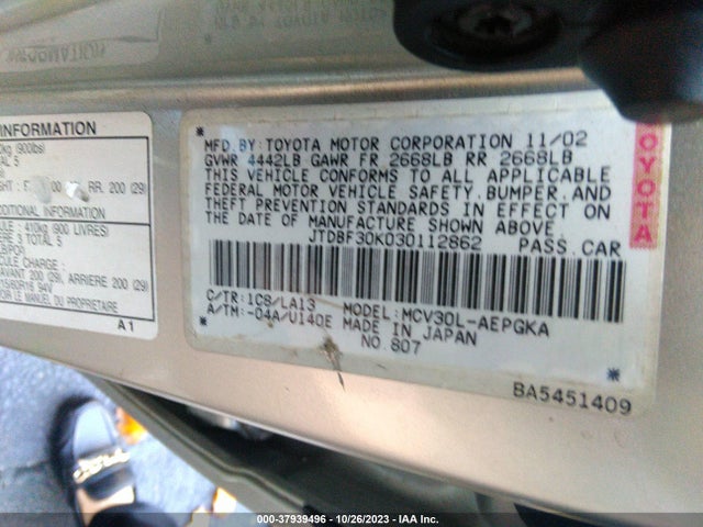 2003 TOYOTA CAMRY LE/SE/XLE VIN: JTDBF30K030112862