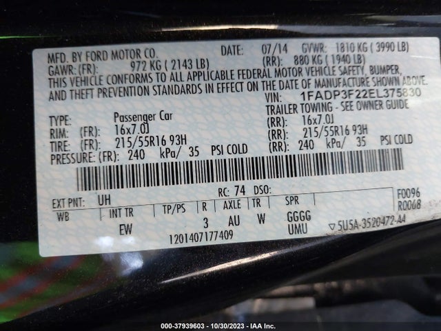 2014 FORD FOCUS SE VIN: 1FADP3F22EL375830