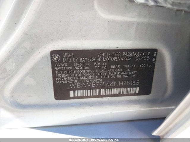 2008 BMW 3 SERIES 335I VIN: WBAVB77568NH78165