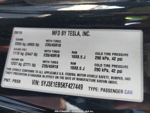 5YJ3E1EB5KF427449 Tesla Model 3 Long Range