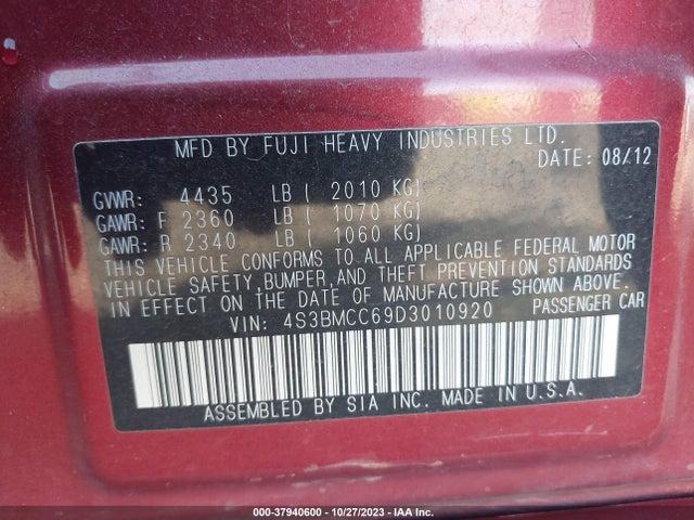 2013 SUBARU LEGACY 2.5I PREMIUM VIN: 4S3BMCC69D3010920