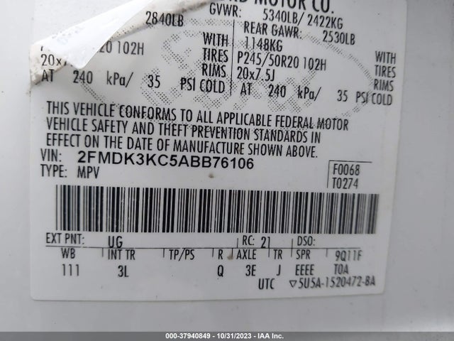 2010 FORD EDGE LIMITED VIN: 2FMDK3KC5ABB76106