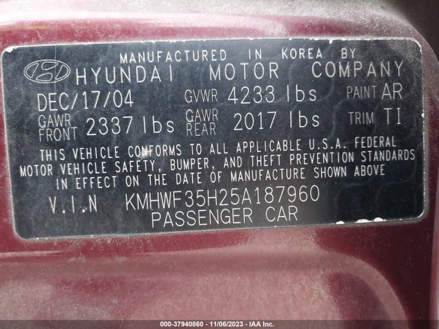 2005 HYUNDAI SONATA LX/GLS VIN: KMHWF35H25A187960