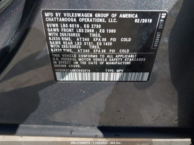 1V2UR2CA3KC542314 Volkswagen Atlas 3.6l V6 Se W/technology