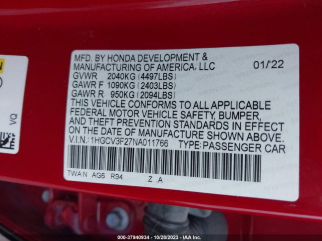 1HGCV3F27NA011766 Honda Accord Hybrid Sport