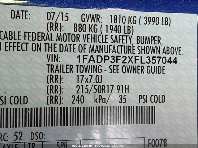 Ford FOCUS SE 2015 1FADP3F2XFL357044 Image 9