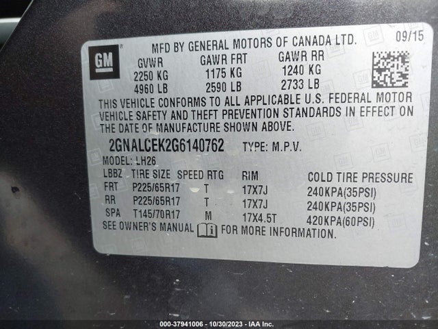 Chevrolet EQUINOX LT 2016 2GNALCEK2G6140762 Image 9
