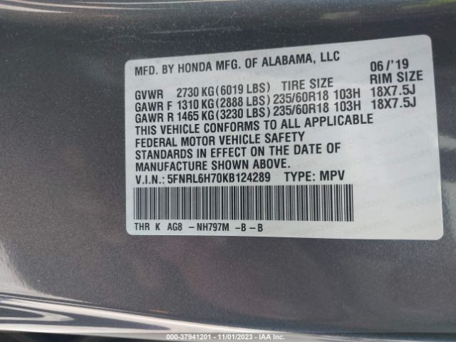 5FNRL6H70KB124289 Honda Odyssey Ex-l