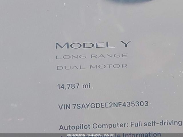 7SAYGDEE2NF435303 Tesla Model Y Long Range Dual Motor All-wheel Drive