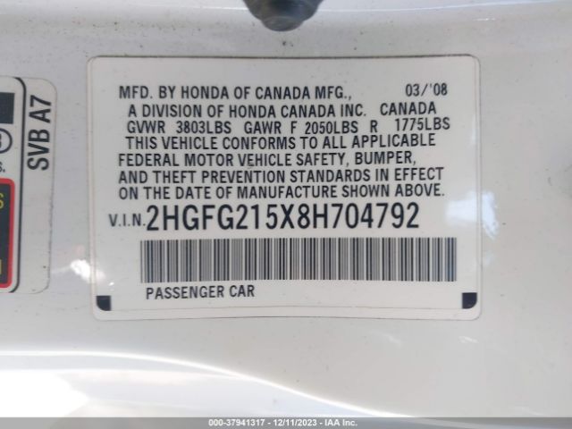 2008 HONDA CIVIC CPE 2HGFG215X8H704792 Photo 8
