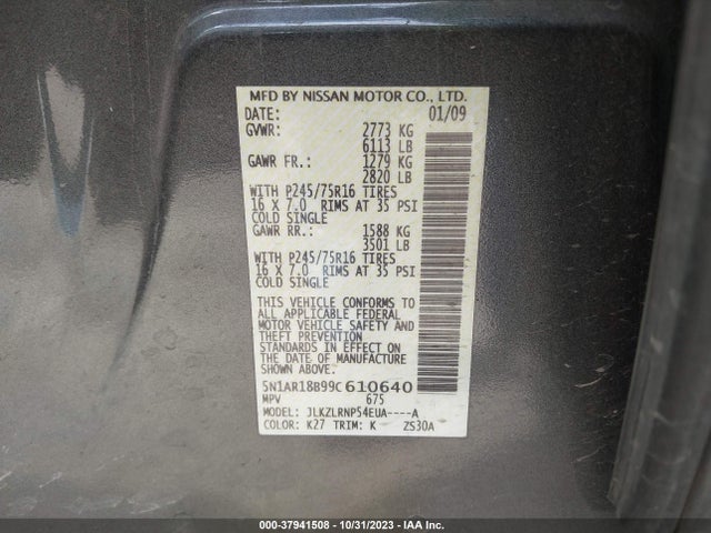 2009 NISSAN PATHFINDER S VIN: 5N1AR18B99C610640
