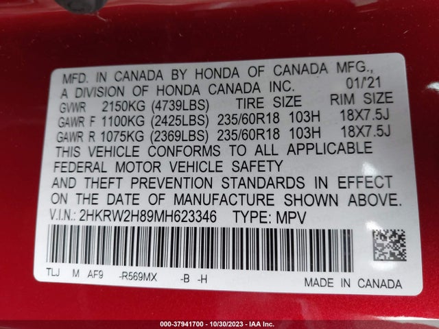Honda Cr-v Awd Ex-l 2021 2HKRW2H89MH623346 Image 9