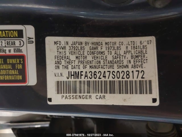 2007 HONDA CIVIC HYBRID VIN: JHMFA36247S028172