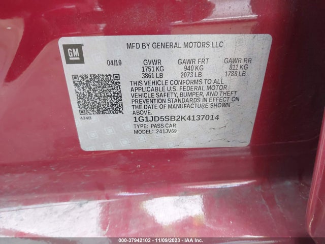 Chevrolet Sonic Lt Auto 2019 1G1JD5SB2K4137014 Image 9