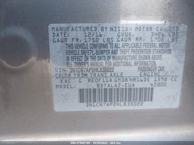 3N1CN7AP2HL835022 Nissan Versa 1.6 S+