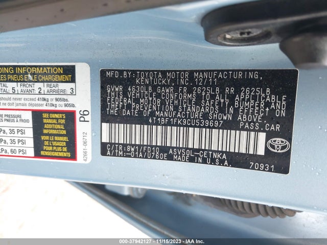 2012 TOYOTA CAMRY LE VIN: 4T1BF1FK9CU539697
