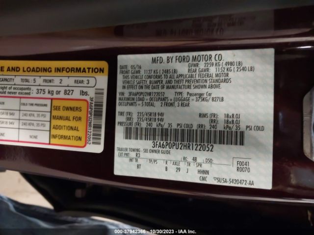 3FA6P0PU2HR122052 Ford Fusion Energi Se