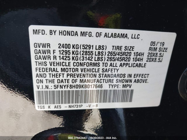 Honda Passport Elite 2019 5FNYF8H09KB017646 Image 9