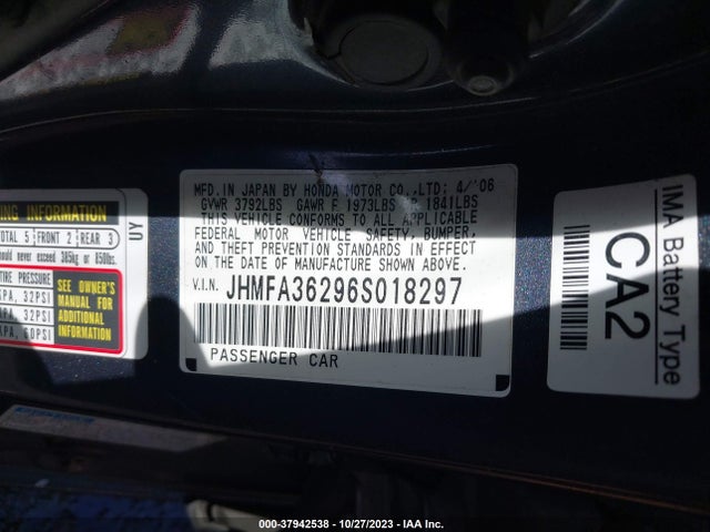 2006 HONDA CIVIC HYBRID VIN: JHMFA36296S018297