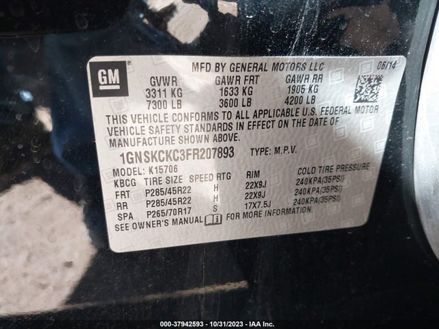 Chevrolet Tahoe Ltz 2015 1GNSKCKC3FR207893 Image 9