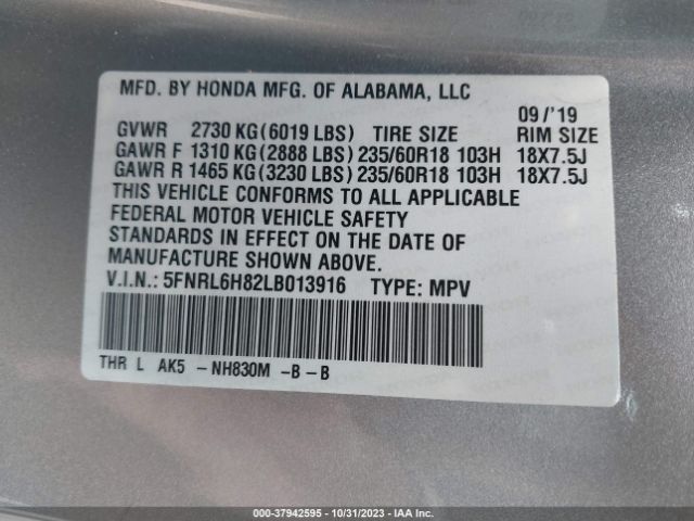 5FNRL6H82LB013916 Honda Odyssey Touring