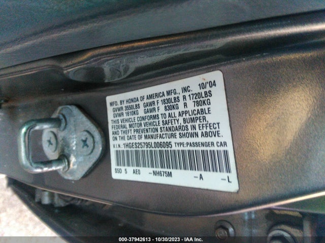 2005 HONDA CIVIC SDN EX VIN: 1HGES25795L006095