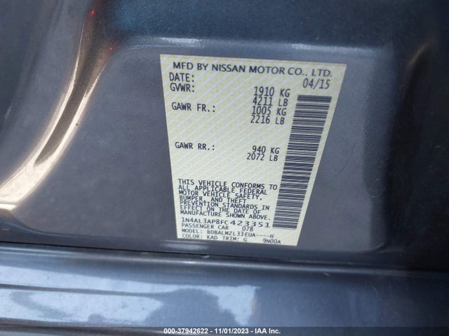 2015 NISSAN ALTIMA 2.5 SV VIN: 1N4AL3AP8FC423351