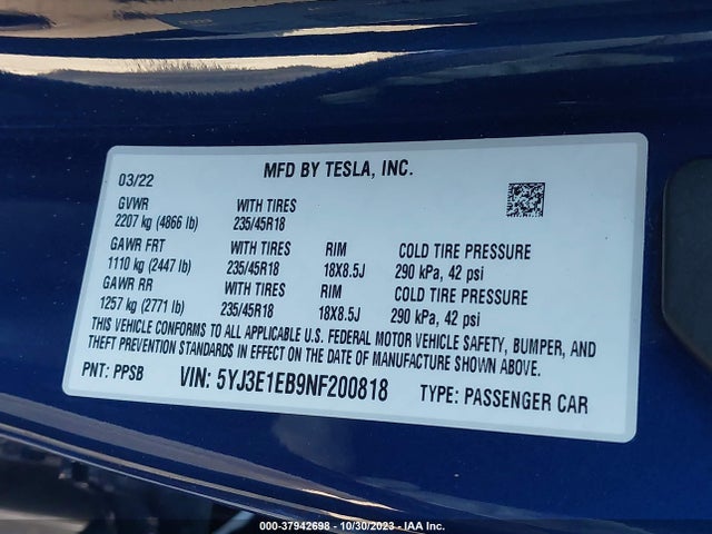 Tesla Model 3 Long Range 2022 5YJ3E1EB9NF200818 Image 9