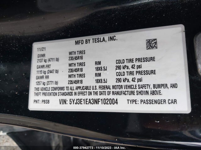 2022 TESLA MODEL 3 REAR-WHEEL DRIVE VIN: 5YJ3E1EA3NF102004
